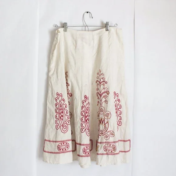 100% Linen Skirt Boho Sunny Leigh Embroidered White Skirt Red Detail Size 12 - Picture 2 of 10